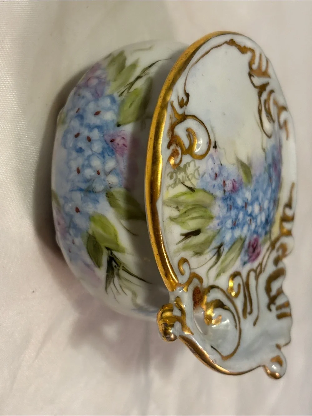 Porcelain Trinket Box with Hand-Painted Blue Floral and Gold Scrolls